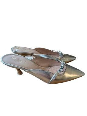 Kate Spade New York Silver Metallic Pointed Toe Kitten Mules 7.5 W/Bow Detail